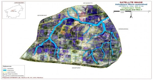 Cadastral map overlaid on Contrasat-I merged with LISS IV covered by Adavibhavi micro watershed